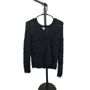 Fraiche Black Fuzzy Knit Long Sleeve Scoop Neck Sweater Size S